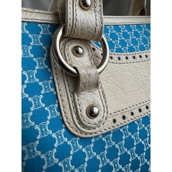 Céline Macadam Canvas Cream Leather Hand Bag Aquamarine Blue Purse - Picture 9 of 15